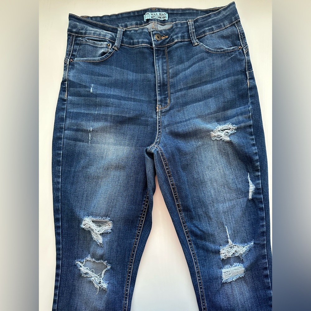 SOLD ON ANOTHER PLATFORM—Wax Jeans Blue Boyfriend Distressed Denim